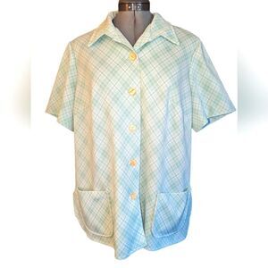 Vintage‎ 60s pastel green and white checkered polyester top